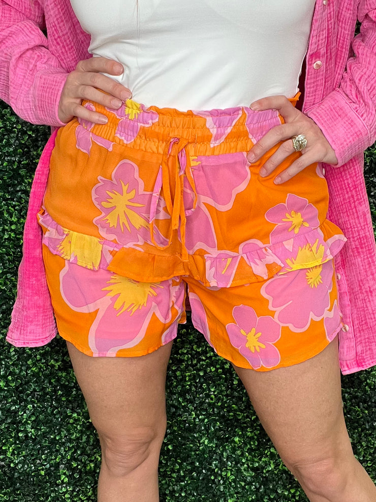 Hawaiian Vacay Shorts- Tangerine